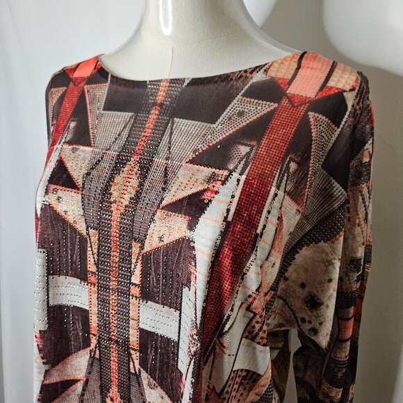 Chico's Size 2 Large Geometric Sequin Top Mesh Sleeve Aztec Southwestern Artsy - Picture 2 of 10